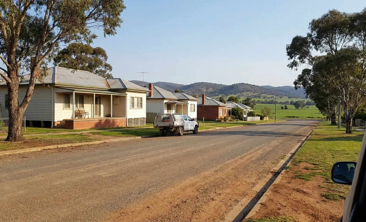 Street of older weatherboard homes on stumps in North East Victoria
