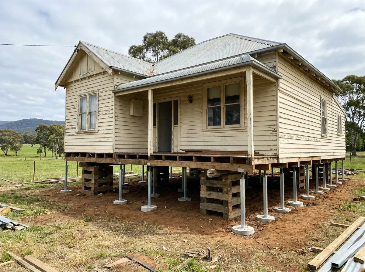 Older weatherboard house in North East Victoria raised on timber cribbing with new galvanised steel stumps under the bearers