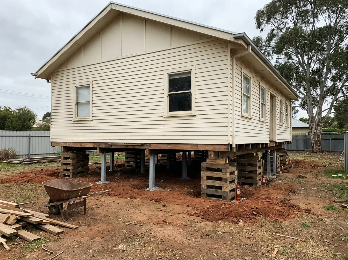 Weatherboard house supported on cribbing and jacks while the floor is relevelled