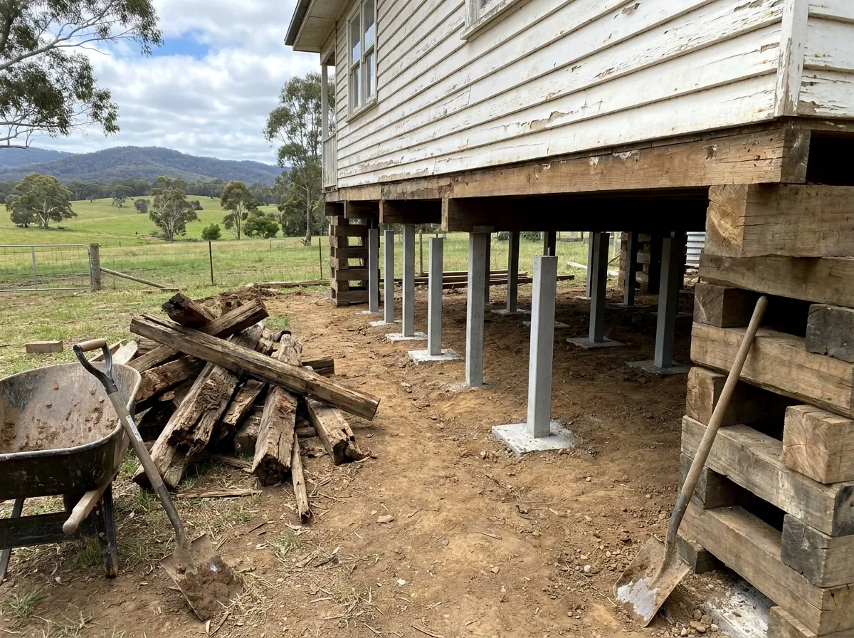 Older weatherboard home on cribbing while old stumps are replaced, North East Victoria